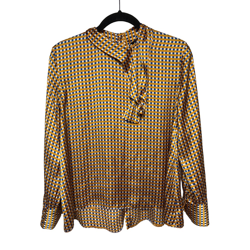Zara Woman Tie Neck Blouse Long Sleeve‎ Geometric Pattern Gold Blue Sz L